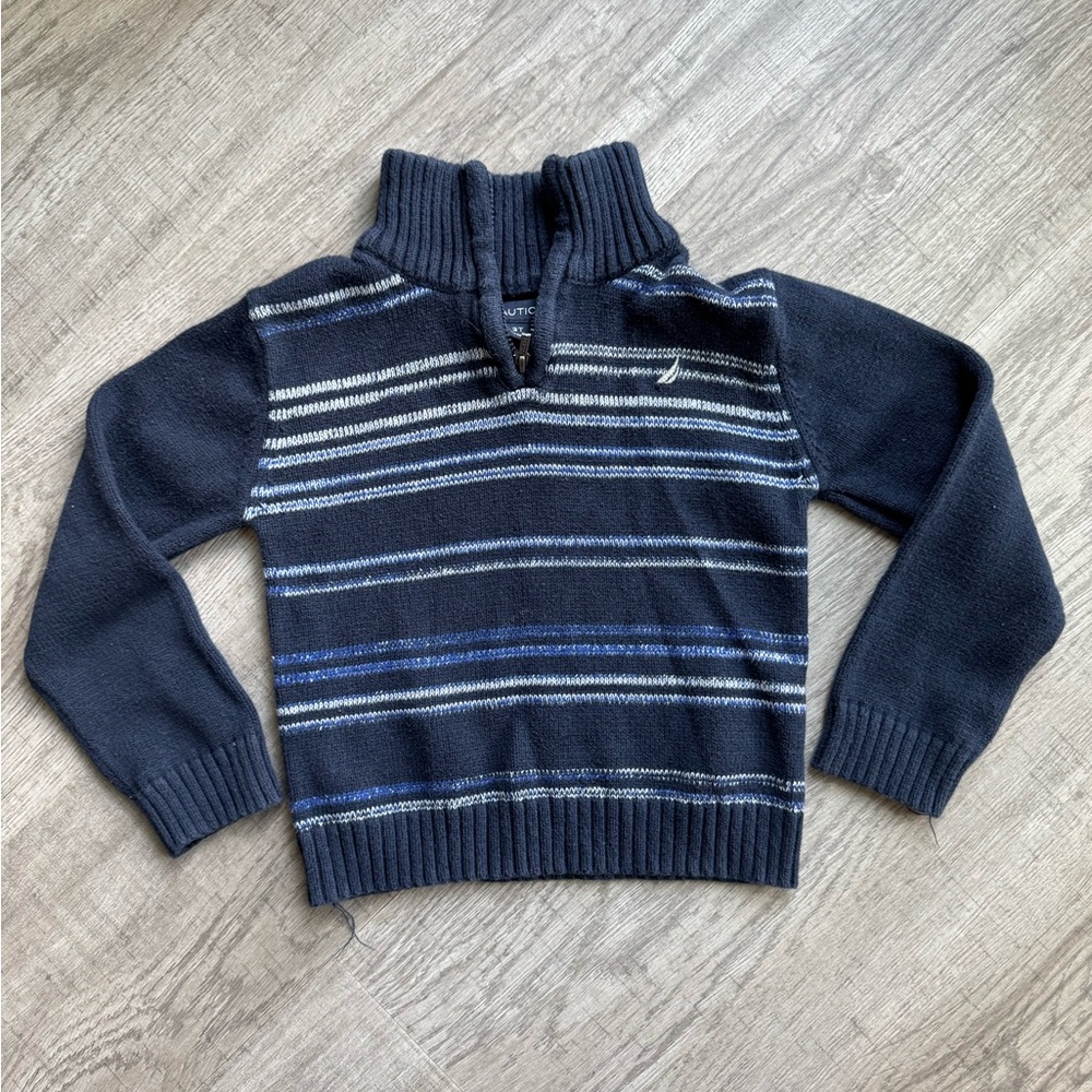 Nautica Boys Zip Neck Sweater in Navy & Gray Stripes Size 3T